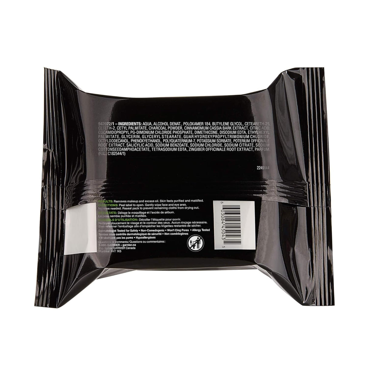 Garnier SkinActive Clean+ Charcoal Oil-Free Makeup Remover Wipes - Pack of 25 for Effortless Cleansing and Refreshed Skin