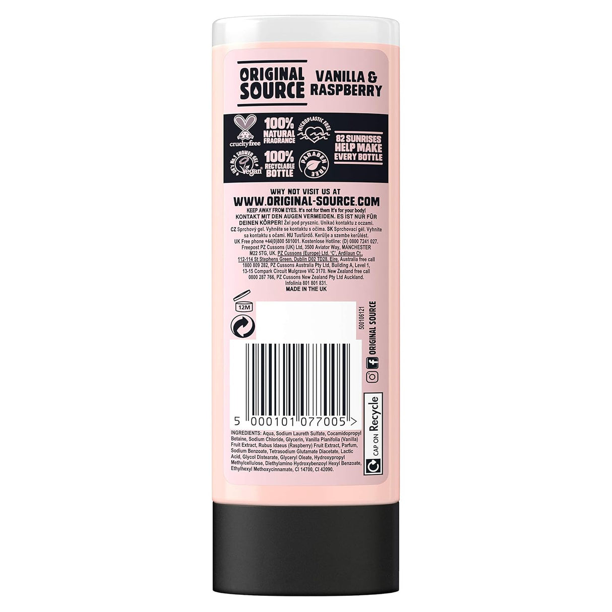 Original Source Vanilla & Raspberry Shower Gel, 100 Percent Natural Fragrance, Vegan, Cruelty Free, Paraben Free, 250 ml