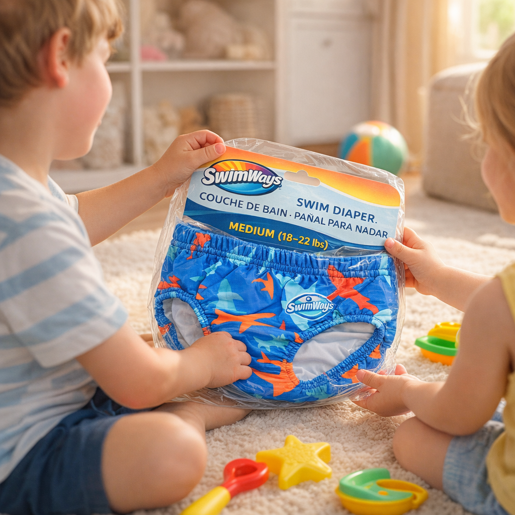 SwimWays Reusable Baby Swim Diaper – Shark Print, Medium (18–22 lbs)