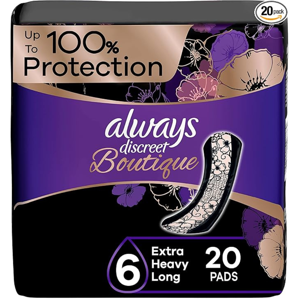 Always Discreet Boutique Incontinence Pads, Size 6, Extra Heavy Absorption, Long, 20 Pads