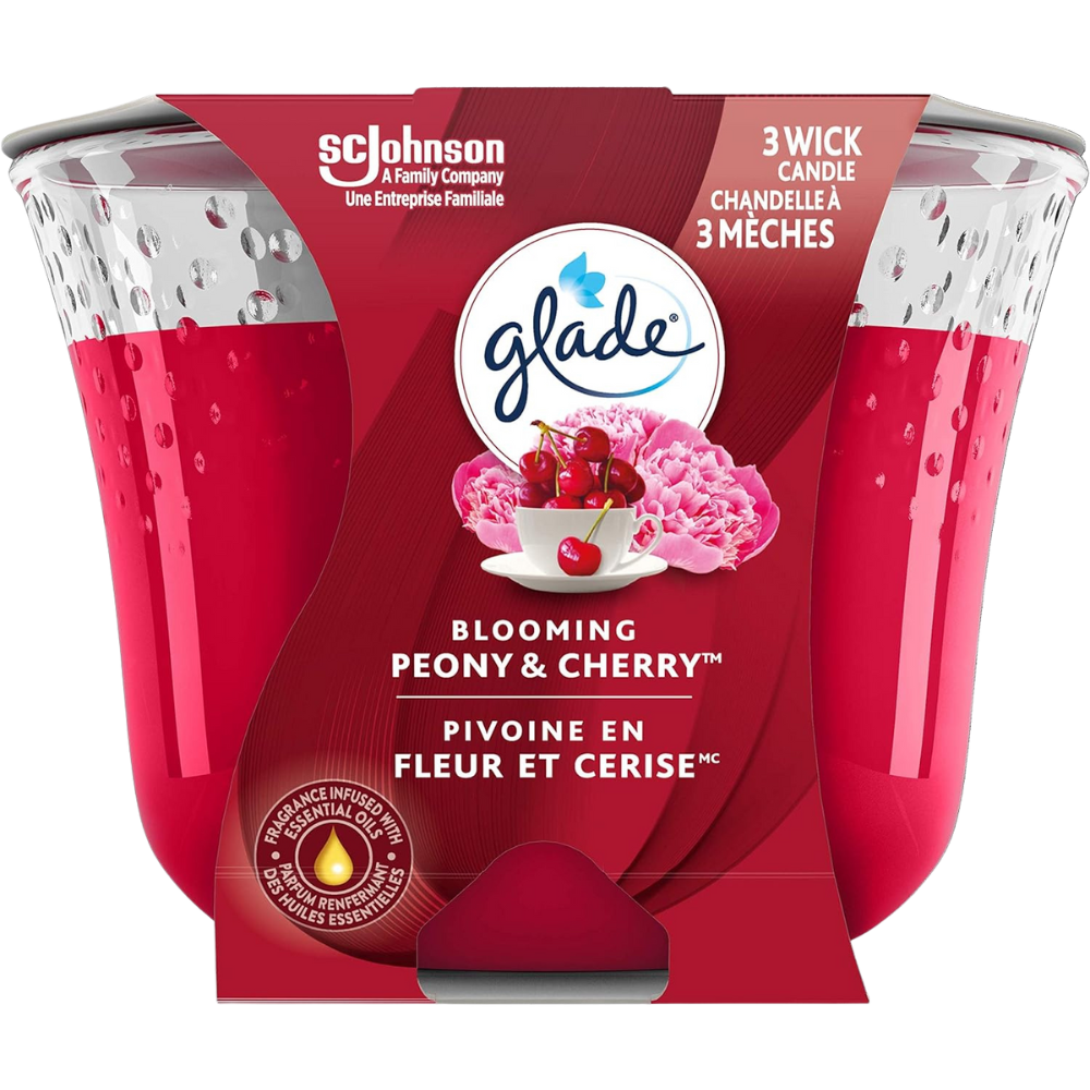 Glade Scented Candle, Blooming Peony and Cherry, 3-Wick Candle, Air Freshener Infused with Essential Oils for Home Fragrance, 1 Count