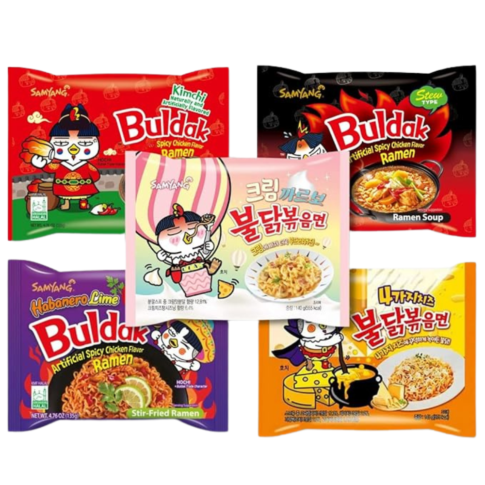 Samyang Buldak Chicken Stir Fried Ramen Korean Hot Spicy Ramen - 5 Flavor Variety Pack Cream Carbonara, Kimchi, Habanero, Cheese, Cheese - Korean Noodle Gift Set. Tiktok Ghost Spicy Challenge Your Tastebuds (5 Variety)