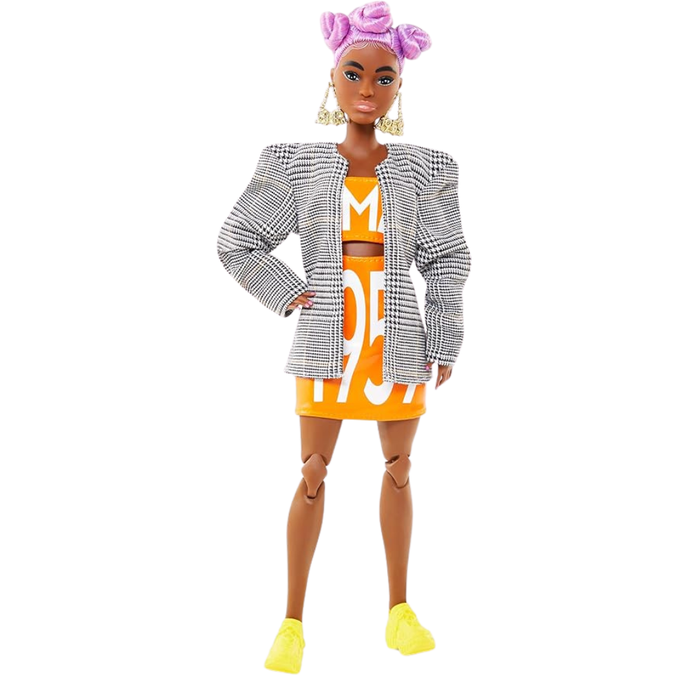 Barbie BMR1959 Fully Poseable Fashion Doll (11.5-inch) Petite with Lilac Hair, Matching Logo Top and Skirt with Blazer, with Doll Stand