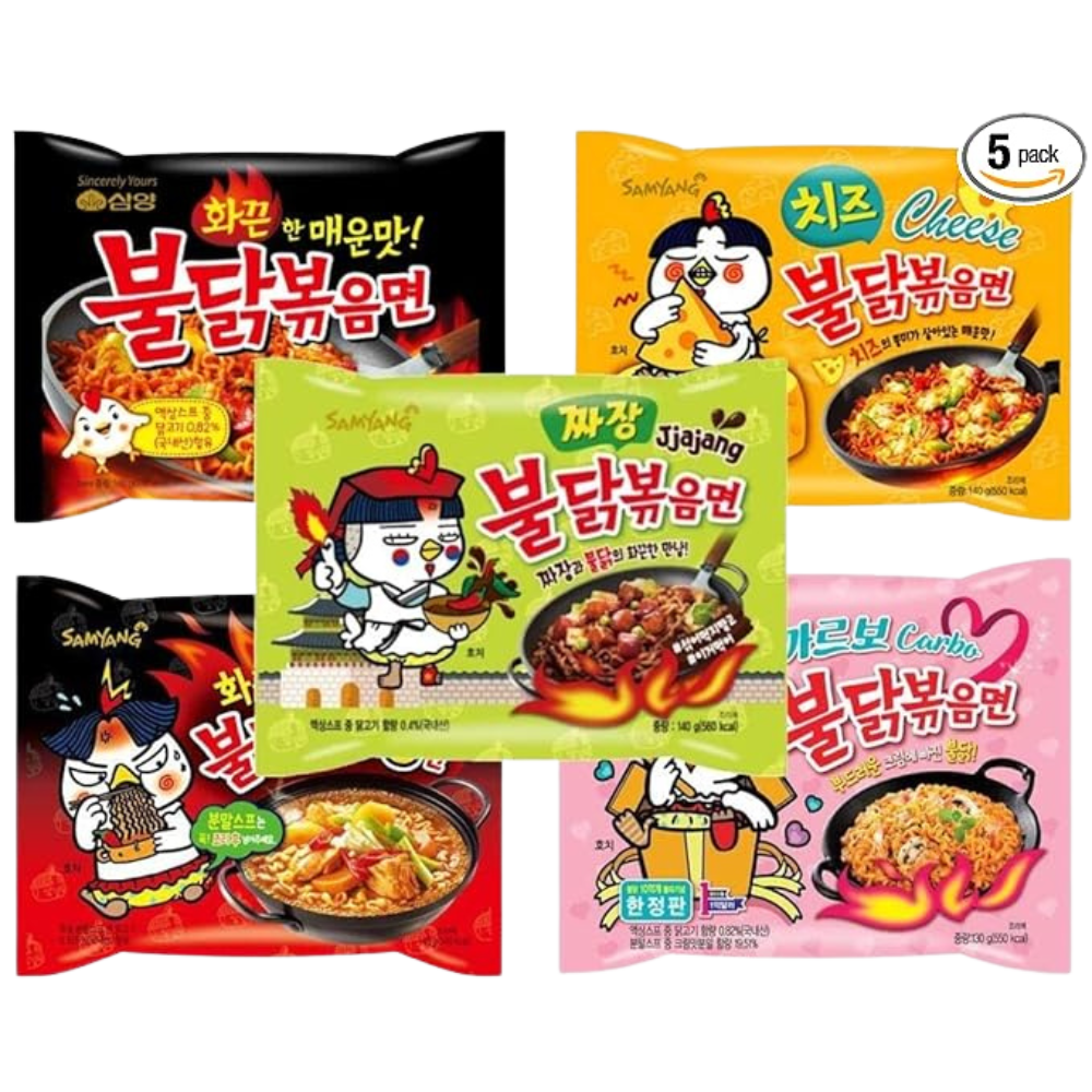 Samyang Buldak Chicken Stir Fried Ramen Korean Ramen (5 Flavor Combo, 5 Pack)