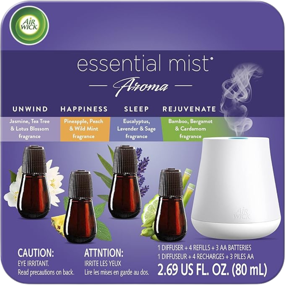 Air Wick Essential Mist Starter Kit, (Diffuser + 4 Refills), Aromatherapy Combination with Sleep, Unwind, Happiness, and Rejuvenate, Air Freshener, Essential Oils