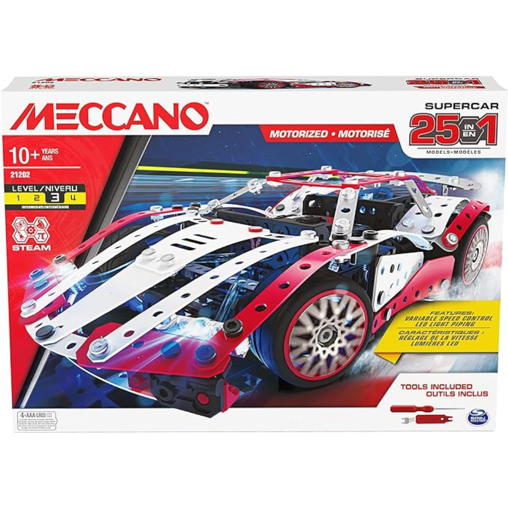 Meccano, 25-in-1 Motorized Supercar STEM Model Building Kit with 347 Parts, Real Tools and Working Lights, Kids Toys for Ages 10 and Up