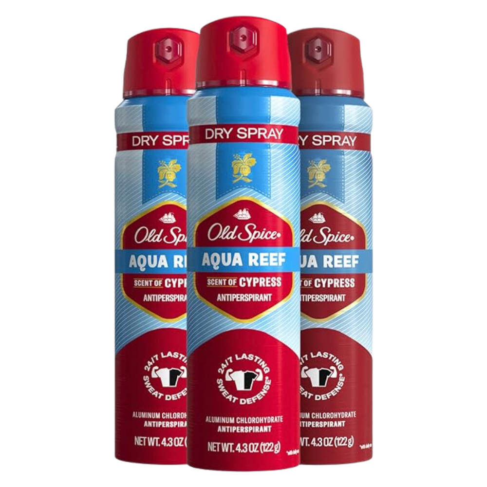 Old Spice Men's Antiperspirant & Deodorant Invisible Dry Spray Aqua Reef, 24/7 Odor Protection, 4.30oz (Pack of 3)