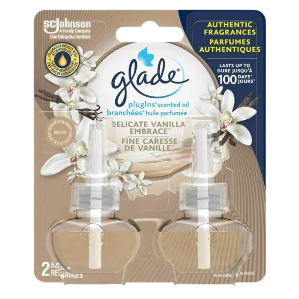 Glade Plugins® Air Freshener Oil Refill, Delicate Vanilla Embrace, 2 Refills, Infused with Essential Oils, 2 Refills