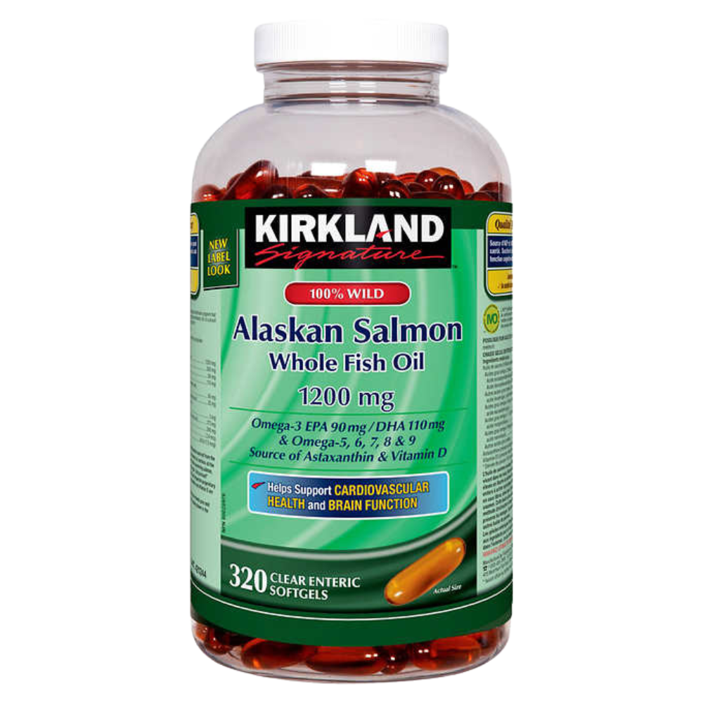 Kirkland Signature 100% Wild Alaskan Salmon Oil 90 EPA 110 DHA 1200mg - 320 Enteric Coated Softgels