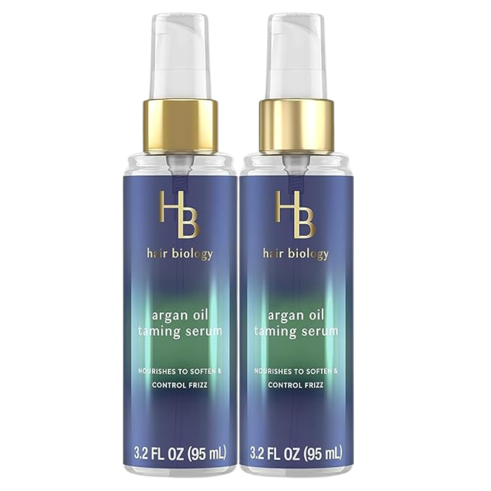 Hair Biology Argan Oil Taming Serum, Twin Pack, 3.2 Fl Oz Each — Hair Serum Nourishes to Soften & Control Frizz. Infused with Biotin — Dry Hair Treatment, Safe for Color Treated Hair