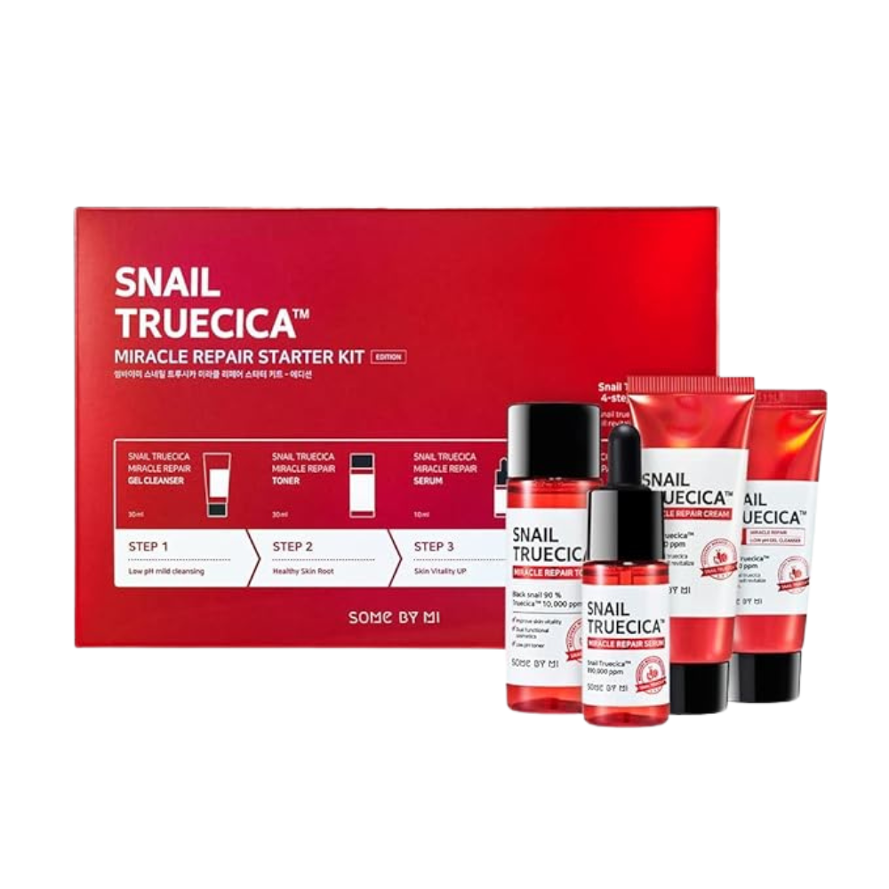 SOME BY MI Snail Truecica Miracle Repair Starter Kit/Toner 1.01Oz, Serum 0.33Oz, Gel Cleanser 1.01Oz, Cream 0.67Oz / Damaged Skin Solution for Sensitive Skin/Facial Skin Care Set