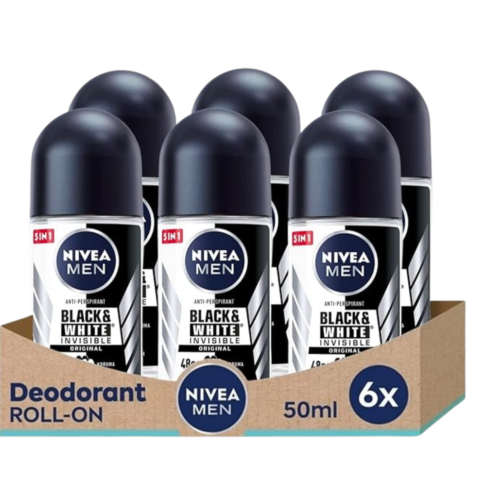 Nivea BLACK WHITE ORIGINAL, ROLL-ON – FREE ALCOHOL, ANTIPERSPIRANT DEODORANT, 48 HOURS PROTECTION, 1.7 OZ (Pack of 6), 50.0 milliliters