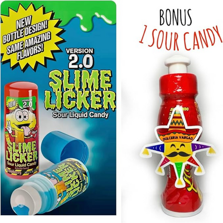 3 Pack | Toxic Waste Slime Licker 2.0 Sour Liquid Candy | NEW Version Sour Liquid Candy | Flavors: 1 Strawberry & 2 Blue Razz | BONUS candy from Dulceria Vargas