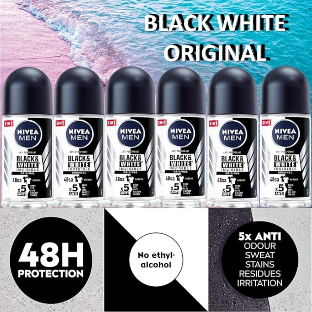 Nivea BLACK WHITE ORIGINAL, ROLL-ON – FREE ALCOHOL, ANTIPERSPIRANT DEODORANT, 48 HOURS PROTECTION, 1.7 OZ (Pack of 6), 50.0 milliliters