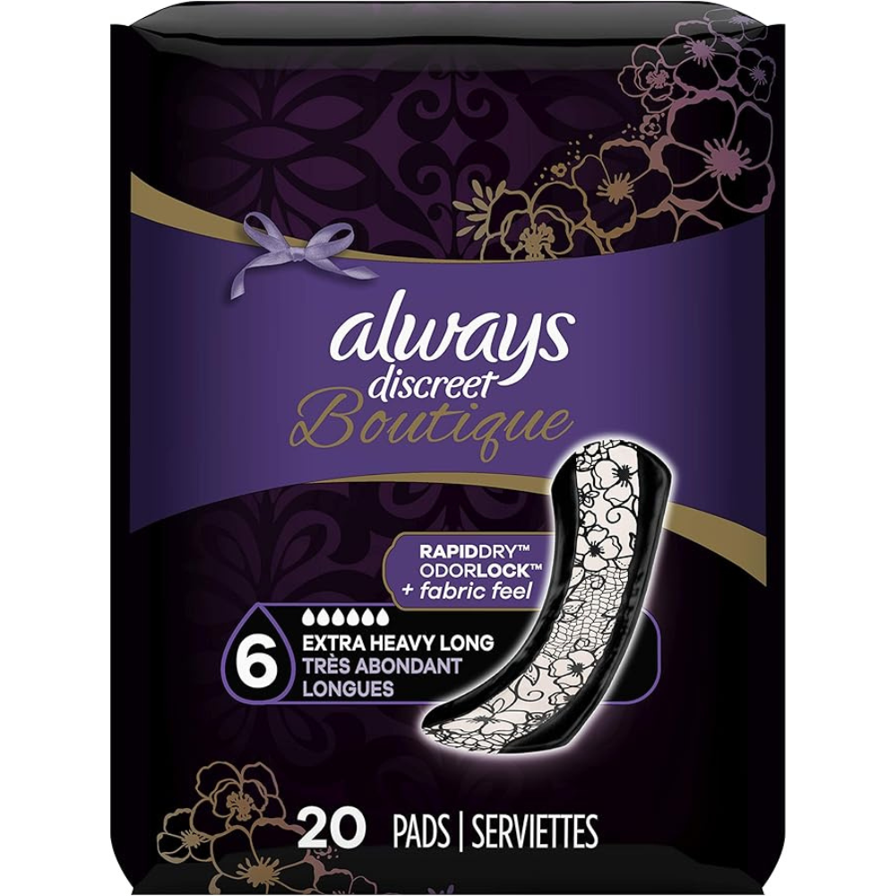 Always Discreet Boutique Incontinence Pads, Size 6, Extra Heavy Absorption, Long, 20 Pads