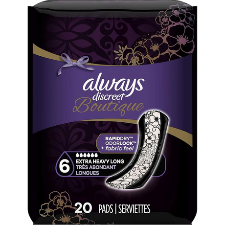 Always Discreet Boutique Incontinence Pads, Size 6, Extra Heavy Absorption, Long, 20 Pads