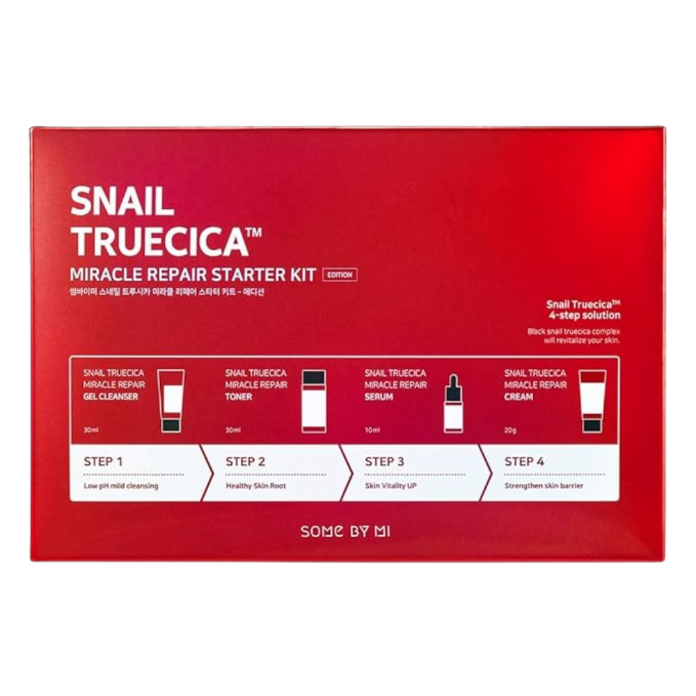 SOME BY MI Snail Truecica Miracle Repair Starter Kit/Toner 1.01Oz, Serum 0.33Oz, Gel Cleanser 1.01Oz, Cream 0.67Oz / Damaged Skin Solution for Sensitive Skin/Facial Skin Care Set