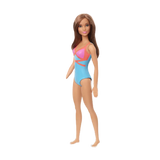 Barbie Doll, Brunette, Wearing Blue, Pink and Orange Swimsuit, for Kids 3 to 7 Years Old