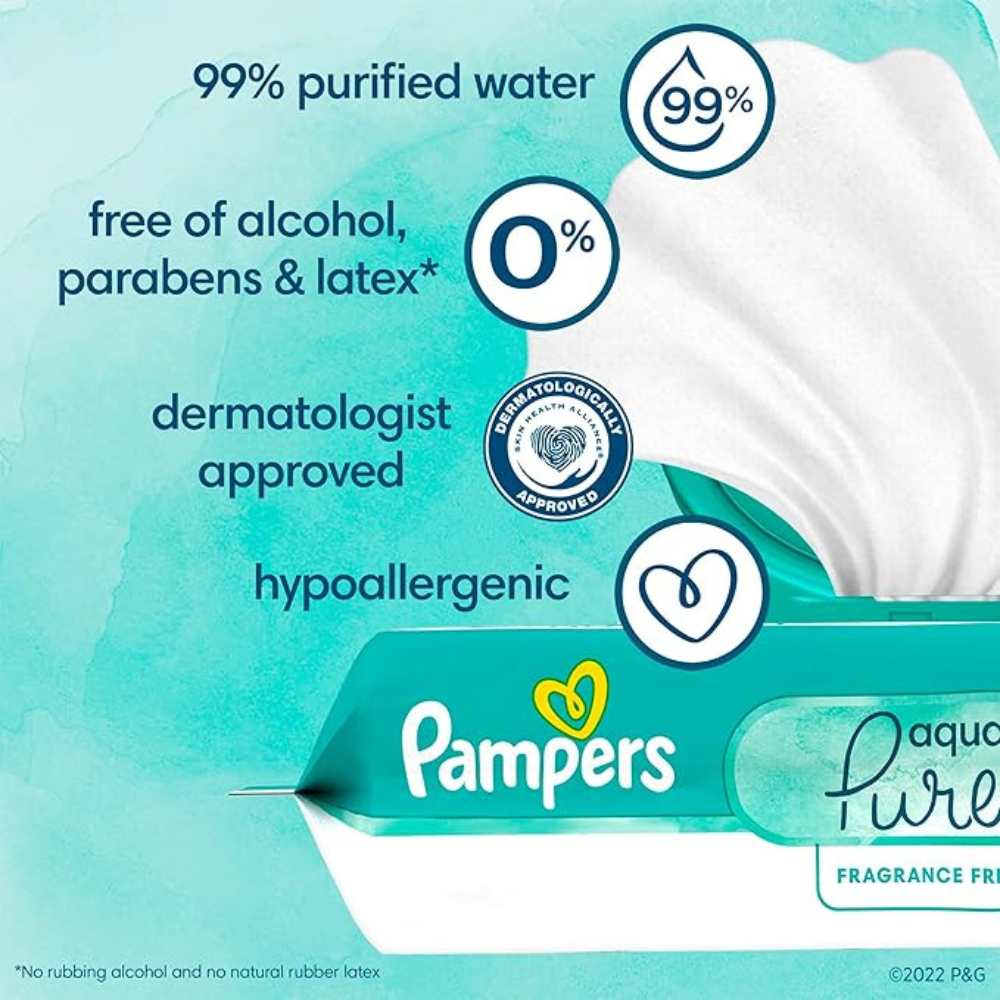 Pampers Aqua Pure Sensitive Baby Wipes, 99% Water, Hypoallergenic, Unscented, 6 Flip-Top Packs (336 Wipes Total)