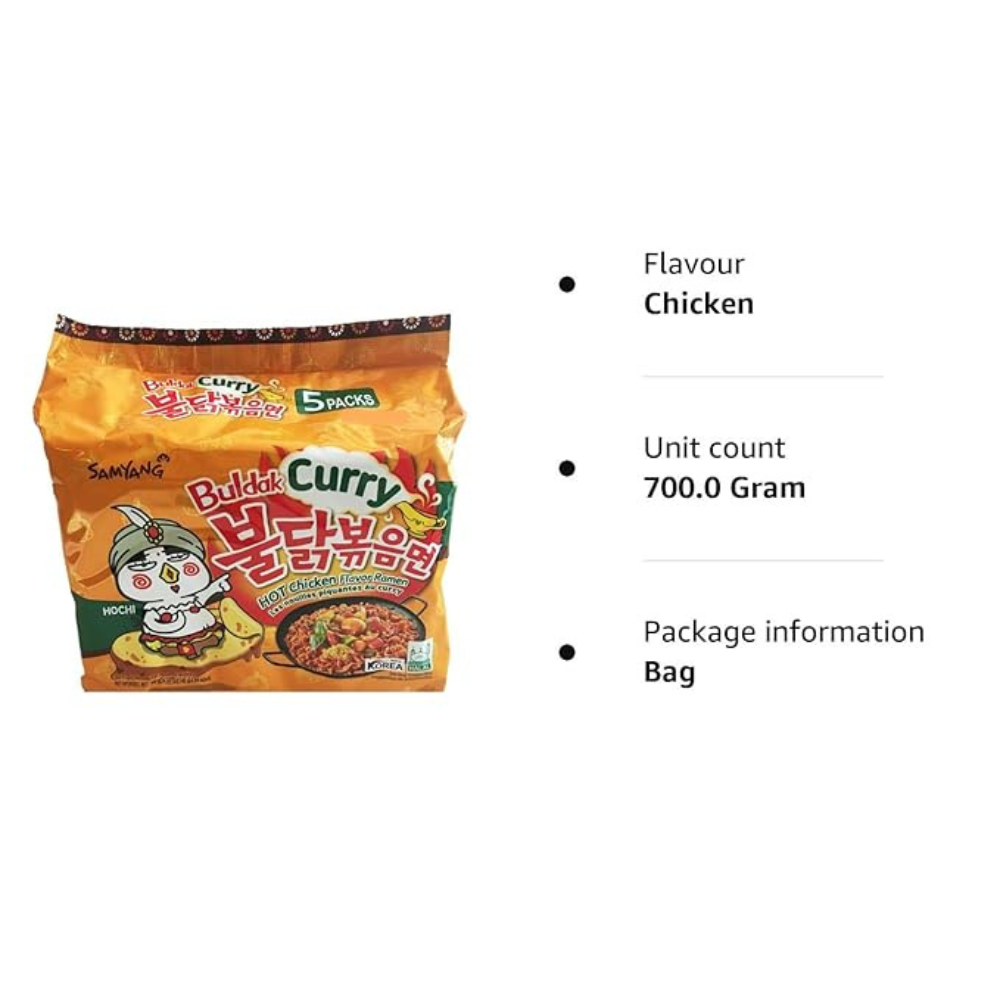 Samyang Fire Hot Curry Flavored Chicken Ramen Noodles Pack of 5, Korean Ramen Noodles