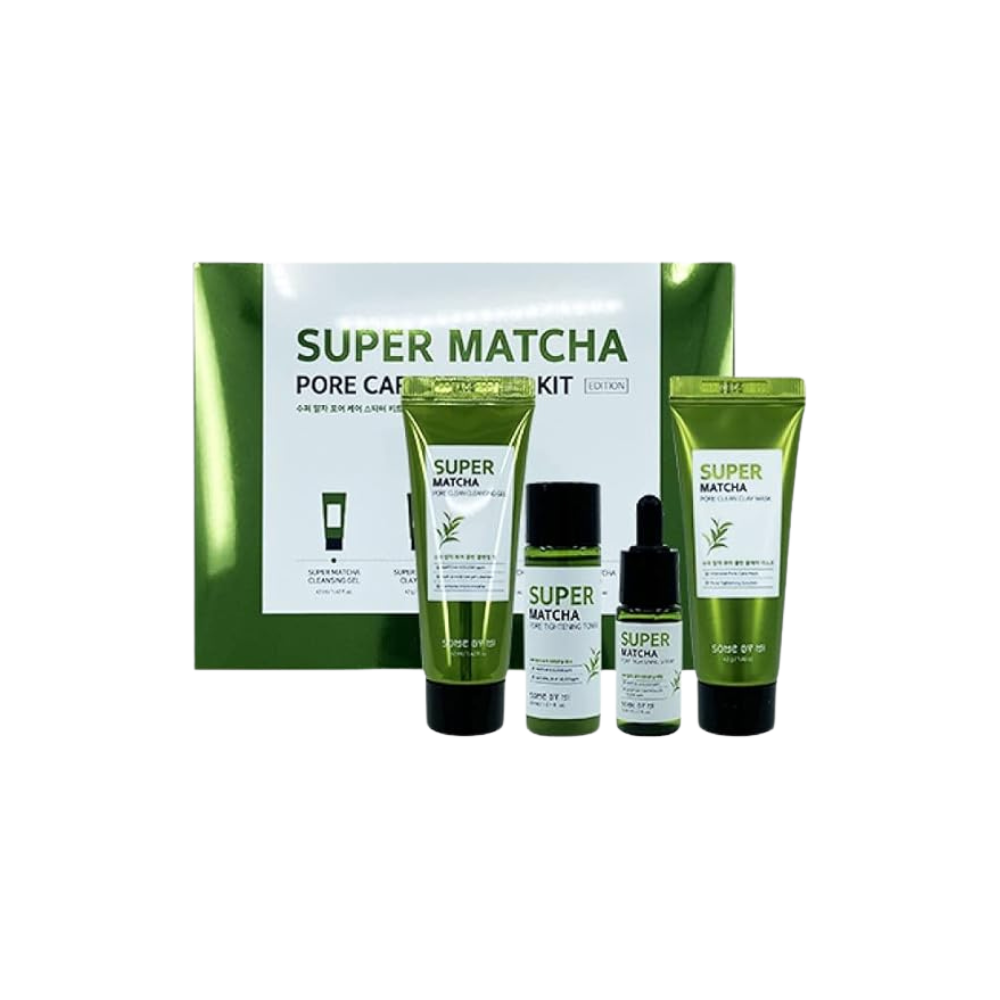 SOME BY MI Super Matcha Pore Care Starter Kit - Toner 1.01Oz, Serum 0.33Oz, Cleansing Gel 1.42Oz, Clay Mask 1.48Oz - Daily Skin Care Set with GreenTea - Blackheads and Pore Care - Korean Skin Care
