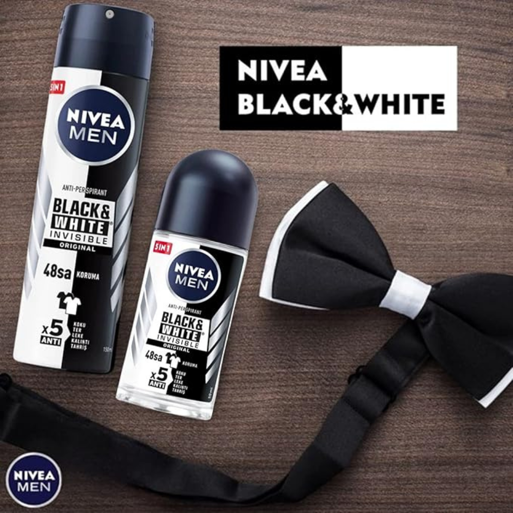 Nivea BLACK WHITE ORIGINAL, ROLL-ON – FREE ALCOHOL, ANTIPERSPIRANT DEODORANT, 48 HOURS PROTECTION, 1.7 OZ (Pack of 6), 50.0 milliliters