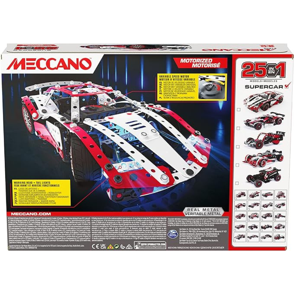 Meccano, 25-in-1 Motorized Supercar STEM Model Building Kit with 347 Parts, Real Tools and Working Lights, Kids Toys for Ages 10 and Up