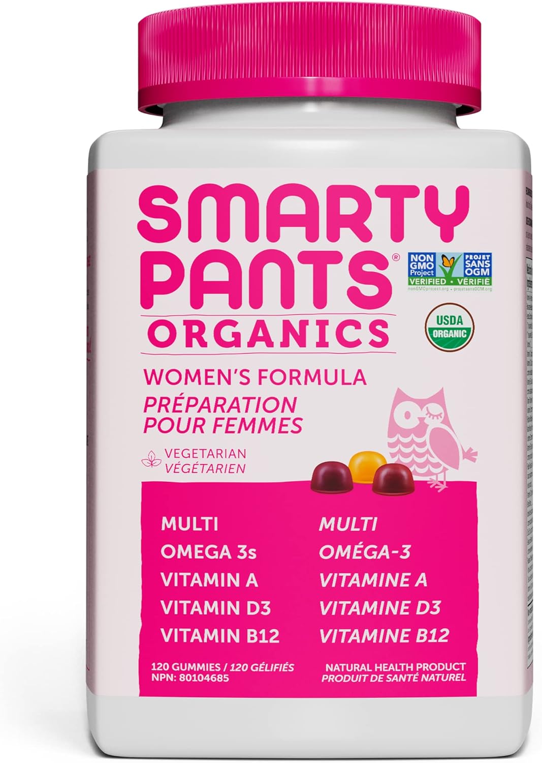 SmartyPants Gummy Vitamins Organic Gummy Women's Daily Multivitamin: Probiotic, Vitamin C, D3 & Zinc for Immunity, Biotin, Omega 3, B6, Methyl B12 for Energy (Single Bottle, 30 Day Supply), Pink, 120 Count