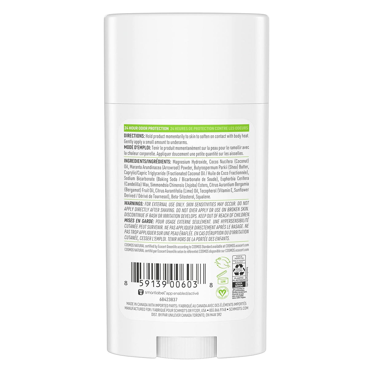 Schmidt's Aluminum Free Natural Deodorant For Women And Men, Bergamot & Lime With 24 Hour Odor Protection 2.65oz