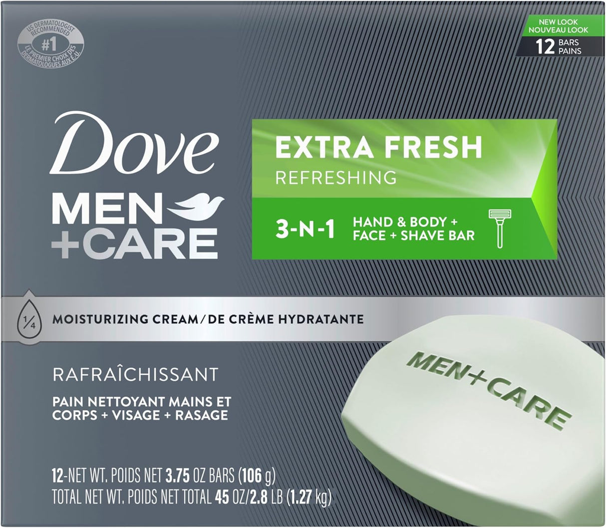 Dove Men + Care Extra Fresh Hand & Body, Face & Shave Bar Soap (Pack of 3)