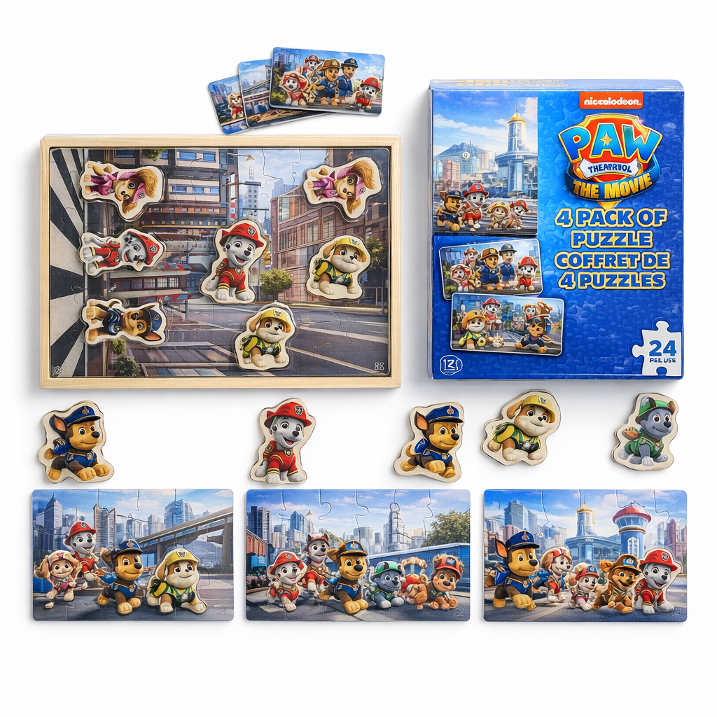 PAW Patrol: The Movie 4 Pack Wooden Jigsaw Puzzles – 24 Piece Puzzles with Character Pieces