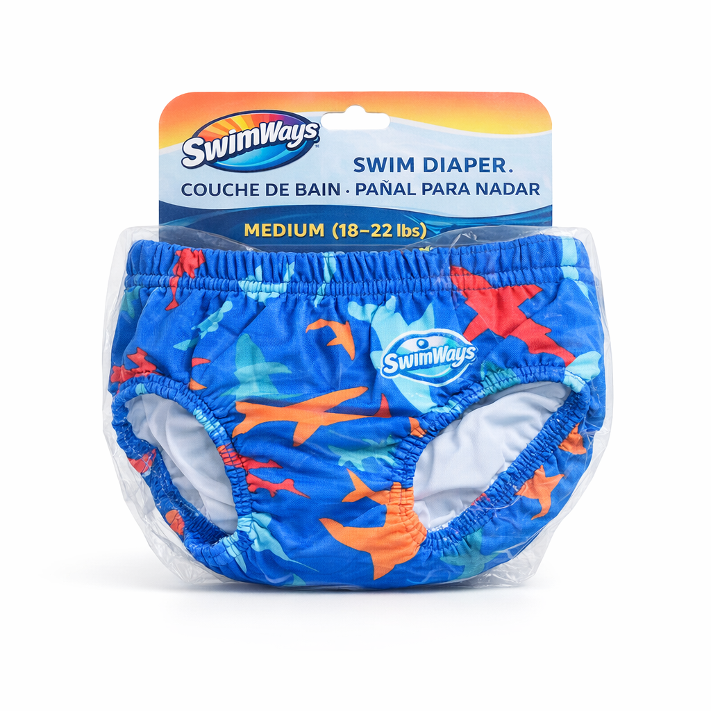 SwimWays Reusable Baby Swim Diaper – Shark Print, Medium (18–22 lbs)
